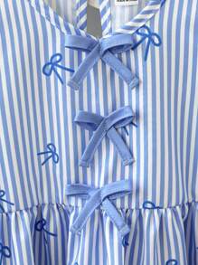 SHEIN Elladie kids 2pcs/Set Young Girls Bow Striped Printed Top & Printed Casual Pants Set, Suitable For Summer Fall Winter - Blue - View 5