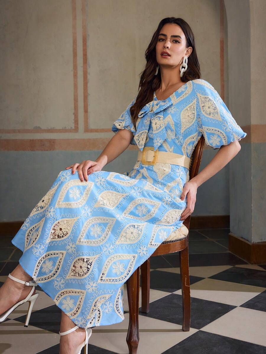 ZEYLAH Embroidered Lantern Sleeve Tie-Front Midi Dress