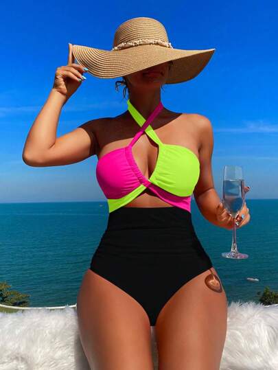 Swim SXY 女士假日海滩拼色镂空连体泳衣