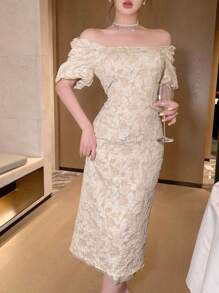 DAZY 女士碎花方领泡泡袖中长连衣裙 舞会礼服 优雅女装 - 杏色 - 查看 2