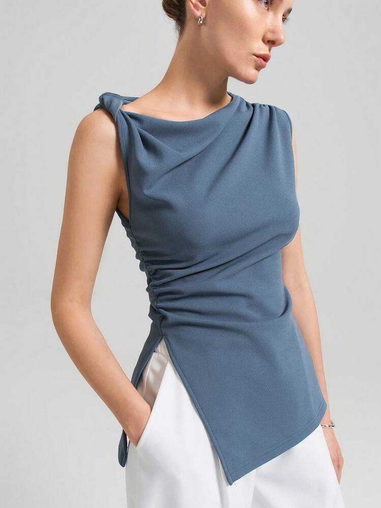 Ontre Camiseta elegante con hombros retorcidos en azul 2026SS, con abertura lateral y cintura fruncida, ropa casual de negocios para mujer, atuendo para fiesta de playa, uniforme de maestra, top básico, ropa para exteriores, atuendo de oficina - Azul - Añade 1
