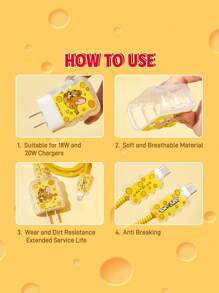 TOM & JERRY X SHEIN Bộ 3 vỏ bảo vệ cáp điện thoại và cáp sạc hình mèo và chuột hoạt hình, tương thích với bộ sạc , họa tiết pho mát dễ thương, họa tiết hình pho mát. - Trong sáng - Xem 3