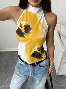 SHEIN EZwear 女式夏季花卉印花露背吊带背心 - 黃色 - 查看 4