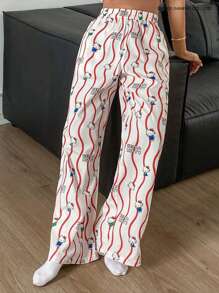 HELLO KITTY | DAZY 可爱波浪图案卡通全身印花宽松直筒女式睡裤，秋季 - 白色 - 查看 5