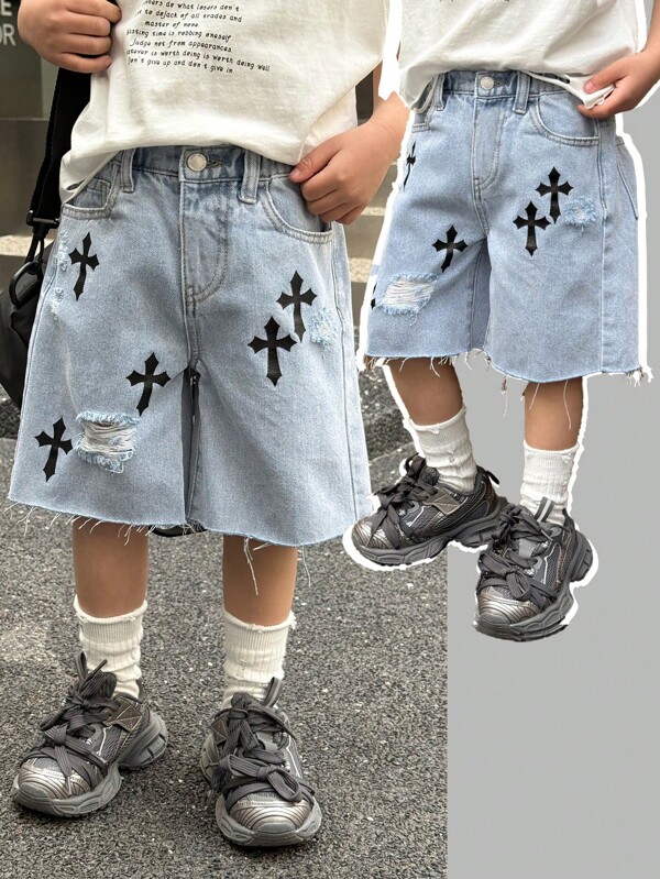 SHEIN Tween Boy Fashion Causal Y2k Vintage Simple And Comfortable Cross-Shaped Patterned And Cut Out Ripped Frayed Blue Ripped Loose Denim Shorts For Kids Clothes Boys Costume Dailywear And Kids Summer And Spring Rave Outfits Festival And Beach Outfits Clothes