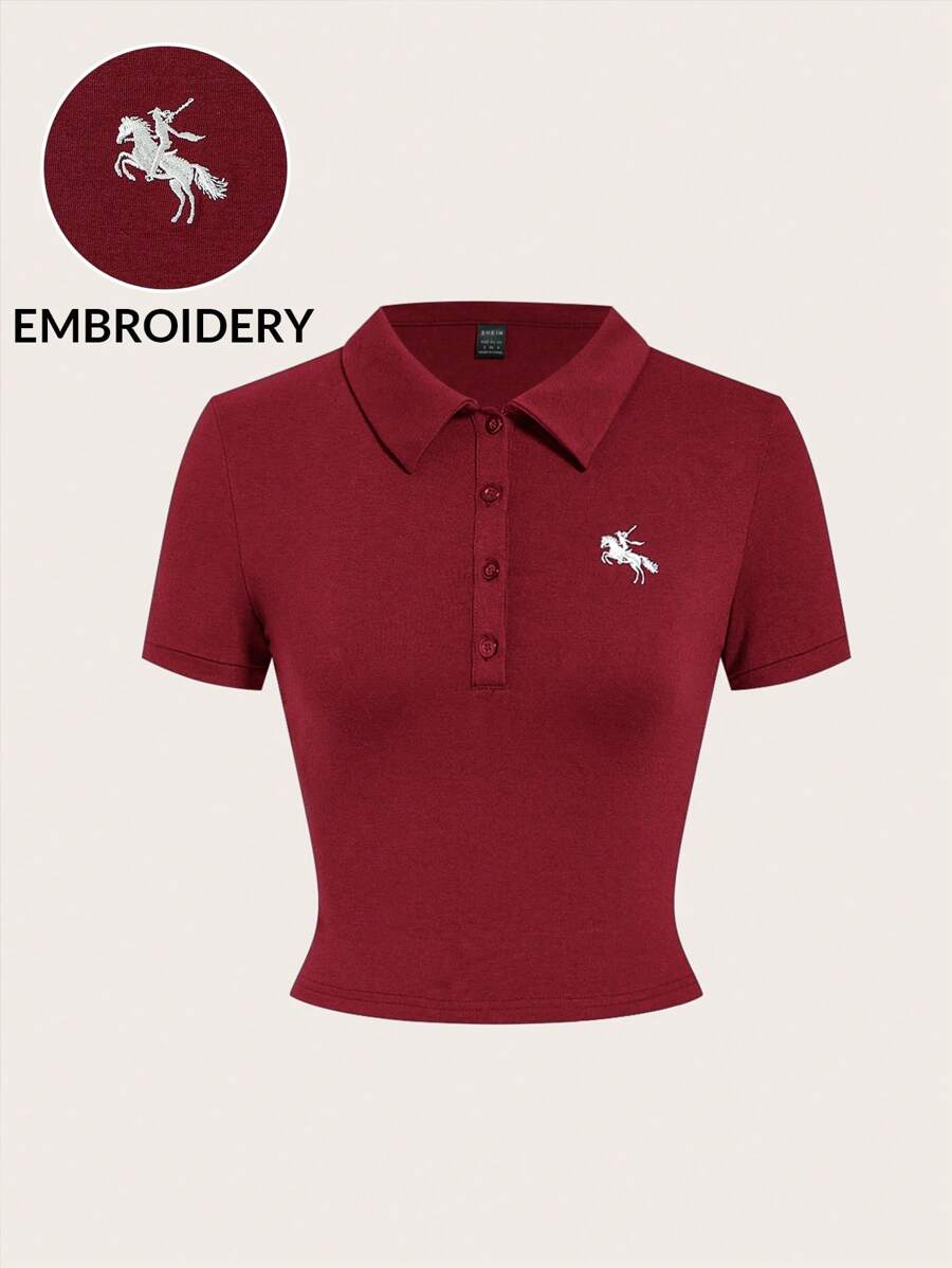 SHEIN EZwear 夏季针织纯色勃艮第酒红色 Polo 领刺绣装饰短袖 T 恤 - 酒紅色 - 查看 1