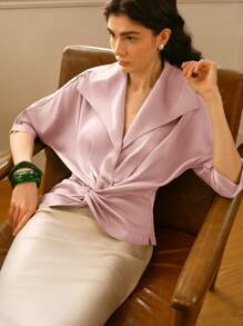 Chiquease 女士时尚梭织扭结领衬衫 - 藕粉色 - 查看 4