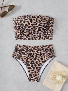 Swim Vcay Leopardtryckt Ruched Bandeau-topp och hög midja bikiniunderdel, 2st Beach Vacation Bikini Set - Multifärgad - Visa 4