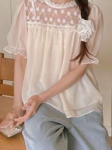 DAZY Áo dài tay lưới ren tương phản cho nữ - Màu be - Xem 6