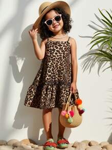 SHEIN Vestido de tirantes estampado de leopardo tejido para niña joven - Caqui - Ver 4