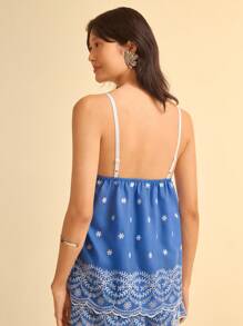 CAJUNI 女士度假蓝白编织花卉刺绣纹理面料拼接蕾丝吊带背心，夏季假日海滩约会细肩带上衣 - 彩色 - 查看 3