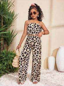 SHEIN Tween Girls 2-Piece Casual Vacation Set: Camisole Tank Top With Bow Detail And Leopard Print And Wide Leg Leopard Print Pants - Khaki - View 4