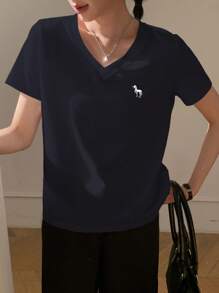 DAZY 女士V领刺绣休闲短袖T恤 - 藏蓝色 - 查看 3