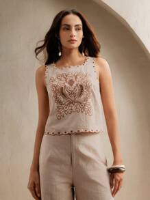 Anewsta Bộ 2 món áo thun thêu rỗng màu trơn thanh lịch dành cho nữ và quần ống rộng/quần dài, mùa xuân/hè, thích hợp cho lễ hội, tốt nghiệp - Màu Khaki - Xem 8