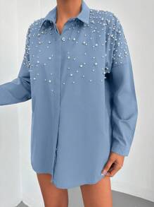 SHEIN Cottnline 100%Cotton Pearls Beaded Drop Shoulder Shirt - Blue - View 4