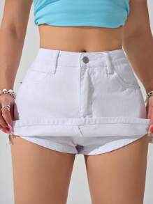 SHEIN PETITE Women's Plain Denim Shorts, Fashionable For Summer
