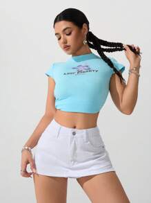 SHEIN PETITE Women's Plain Denim Shorts, Fashionable For Summer