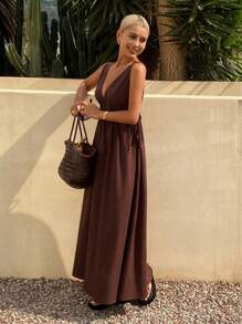 Livesso Women Colorblock V-Neck Cinched Waist Flare Long Dress, Summer Linen