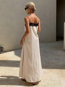 Livesso 女士夏季蕾丝拼接宽松黑白撞色中长吊带连衣裙，亚麻材质，休闲女装，舞会礼服，度假风。