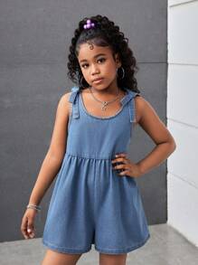 SHEIN Macacão Denim com Alças de Borboleta para Meninas Pré-Adolescentes