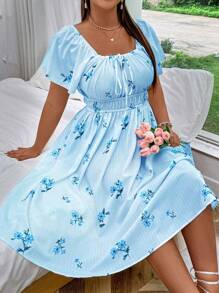 SHEIN MOOSTA Plus Size Women Vacation Floral Print Drawstring Elastic Waist Midi Dress - Blue - View 6