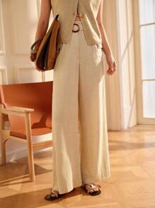 Écloséra 女高腰打结纸袋腰休闲裤，新款垂坠显瘦阔腿裤配树脂扣腰带