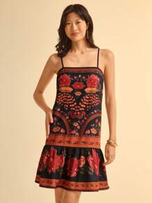 CAJUNI 女式热带彩色植物印花休闲沙滩黑色吊带短款连衣裙