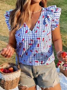 Flirla 大码V领荷叶边盖袖格子数码女式衬衫