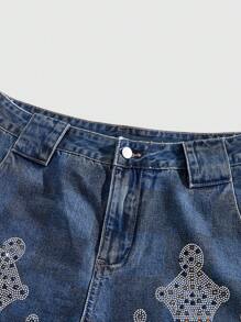 ROMWE MEN Street Life Men's Street Diamond Cross Pattern Denim Shorts - Blue - View 4