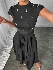 Modelyn Knit Patchwork Chiffon Bubble Pearl Cinched Waist Asymmetrical Hem Dress For Women - Black - View 4