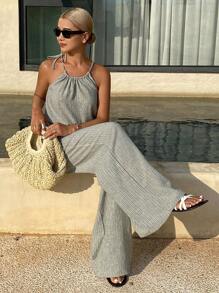 Livesso 2pcs Summer Women's Sets - Striped Halter Top And Long Pants, Fashionable - Grey - View 6