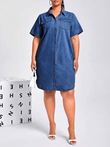 SHEIN SXY Plus Size Autumn Casual Front Button Denim Dress - Medium Wash - View 3