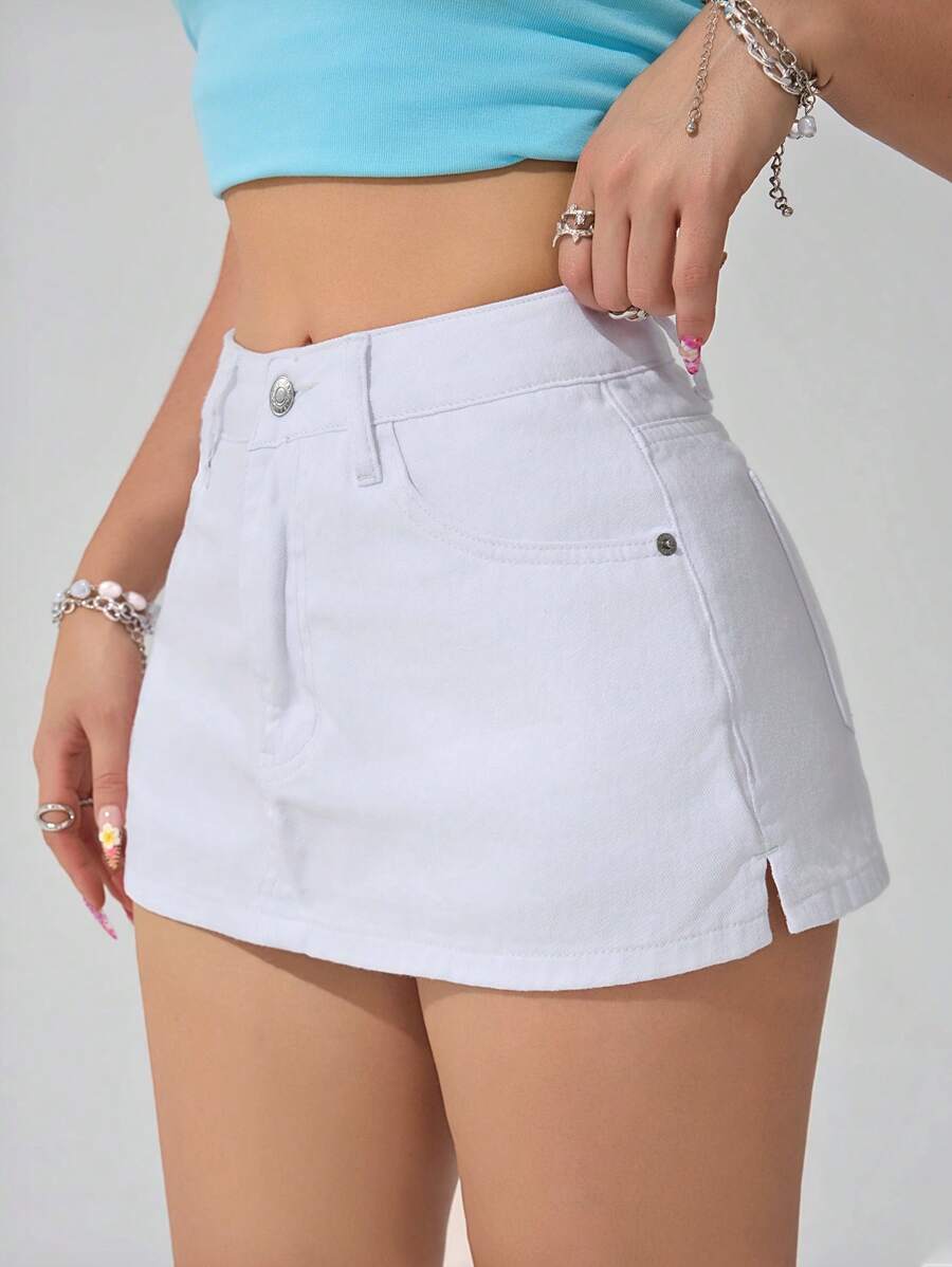 SHEIN PETITE Women's Plain Denim Shorts, Fashionable For Summer