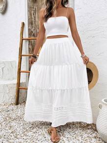 EMERY ROSE Saia A-Line Feminina de Verão com Babado de Renda Contrastante na Barra - Branco - Visão 5