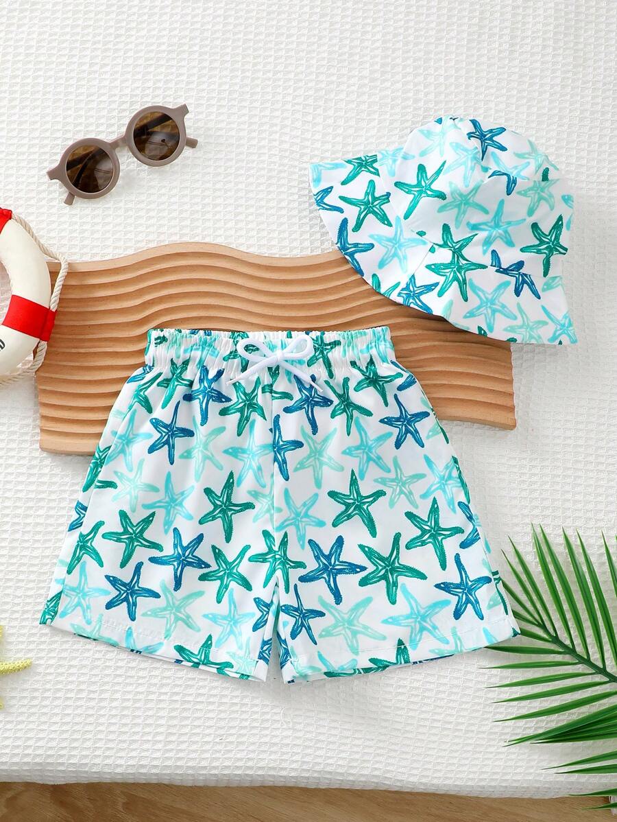 SHEIN 男婴度假休闲海星印花泳衣（含短裤） - 彩色 - 查看 1