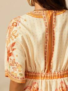 CAJUNI 女式波西米亚风热带椰子树花卉和鹦鹉印花休闲宽松 V 领短款迷你连衣裙，非常适合夏季海滩度假 - 彩色 - 查看 6