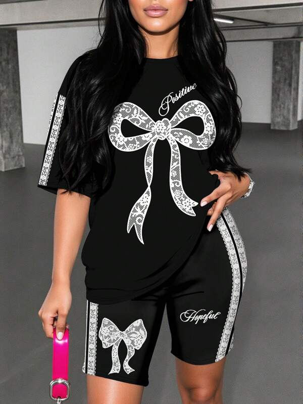 Slaydiva Set de două piese, casual minimalist, cu imprimeu floral din dantelă și fluturi, cu guler rotund și mânecă scurtă, și colanți, sport, mărime mare