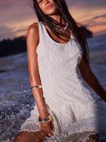 Aralina Sleeveless Textured Drop Waist Dress. Summer Outfit. Summer Vacation. Beach Outfit. Summer Holidays. - White - View 3