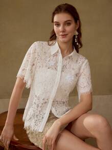 MOTF PREMIUM Kurzarm transparente Bluse mit Knöpfen