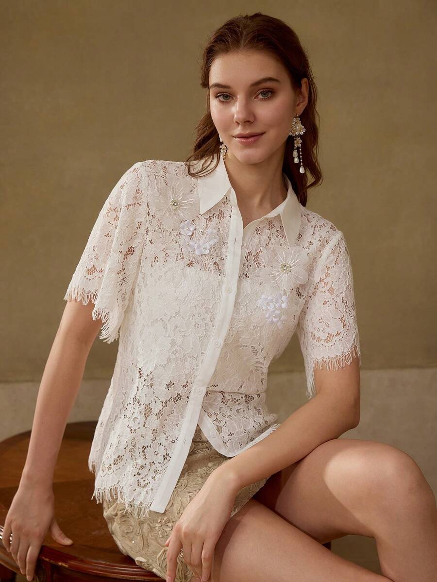 MOTF PREMIUM Kurzarm transparente Bluse mit Knöpfen