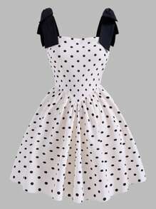 Vestido mini de verano elegante para adolescente con estampado de lunares, correa ajustable, decoración de lazo, ajuste delgado, adecuado para fiestas, para niñas de talla pequeña - Blanco y Negro - Ver 6