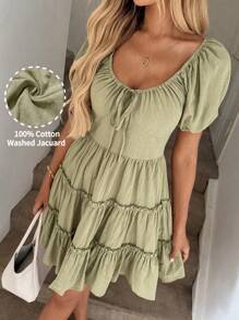 Easowa Váy ngắn phong cách phương Tây Boho dễ thương cổ vuông tay bồng buộc dây phía trước, ngày lễ mùa xuân hè - màu xanh lá - Xem 2