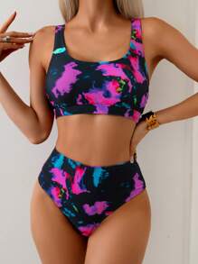 SHEIN Swim 2 件套女士扎染随机印花圆领无袖上衣和高腰三角裤，休闲简约海滩度假背心和比基尼