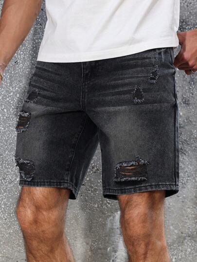 Manfinity Homme Pantaloni scurți din denim pentru bărbați, la modă, potriviți pentru vară