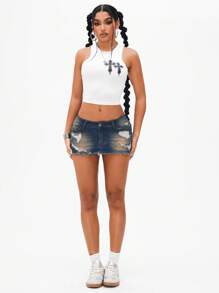 SHEIN Unity Minifalda vaquera de jean mini vintage desgastada y rasgada, de moda para el verano - Azul - Ver 6