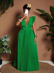 Maweii Vestido elegante con escote en V, mangas tipo casquillo y plisado, para talla grande