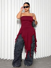 SHEIN ICON Plus Size Strapless Jellyfish Hem Crop Top, Suitable For Summer Wear - Burgundy - View 4