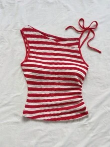 Soleia Women's Red & White Striped Knit Slim Fit Asymmetrical Neck Blouse, Suitable For Party, Christmas, Date, Beach, Cruise, Festival, Summer - Red and White - View 5