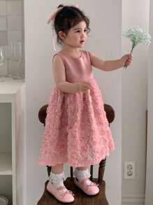 DAZY Toddler Girls' Loose Floral Satin Mid-Length Round Neck Dress - Pink - View 5