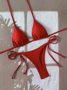 SHEIN Set bikini sexy cu tricou și legături laterale pentru femei, culoare uni, fără spate, tip halter